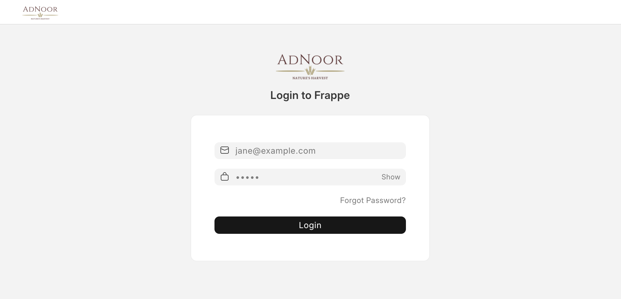 Adnoor ERPNext login screen