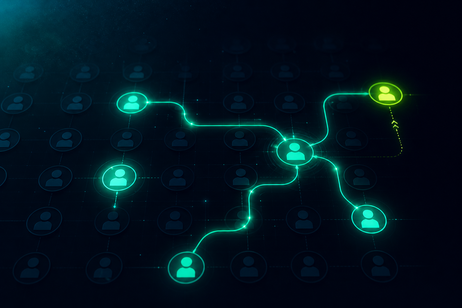 Dormant CRM contact nodes lighting up on a dark teal workflow graphic — CRM revival for B2B teams