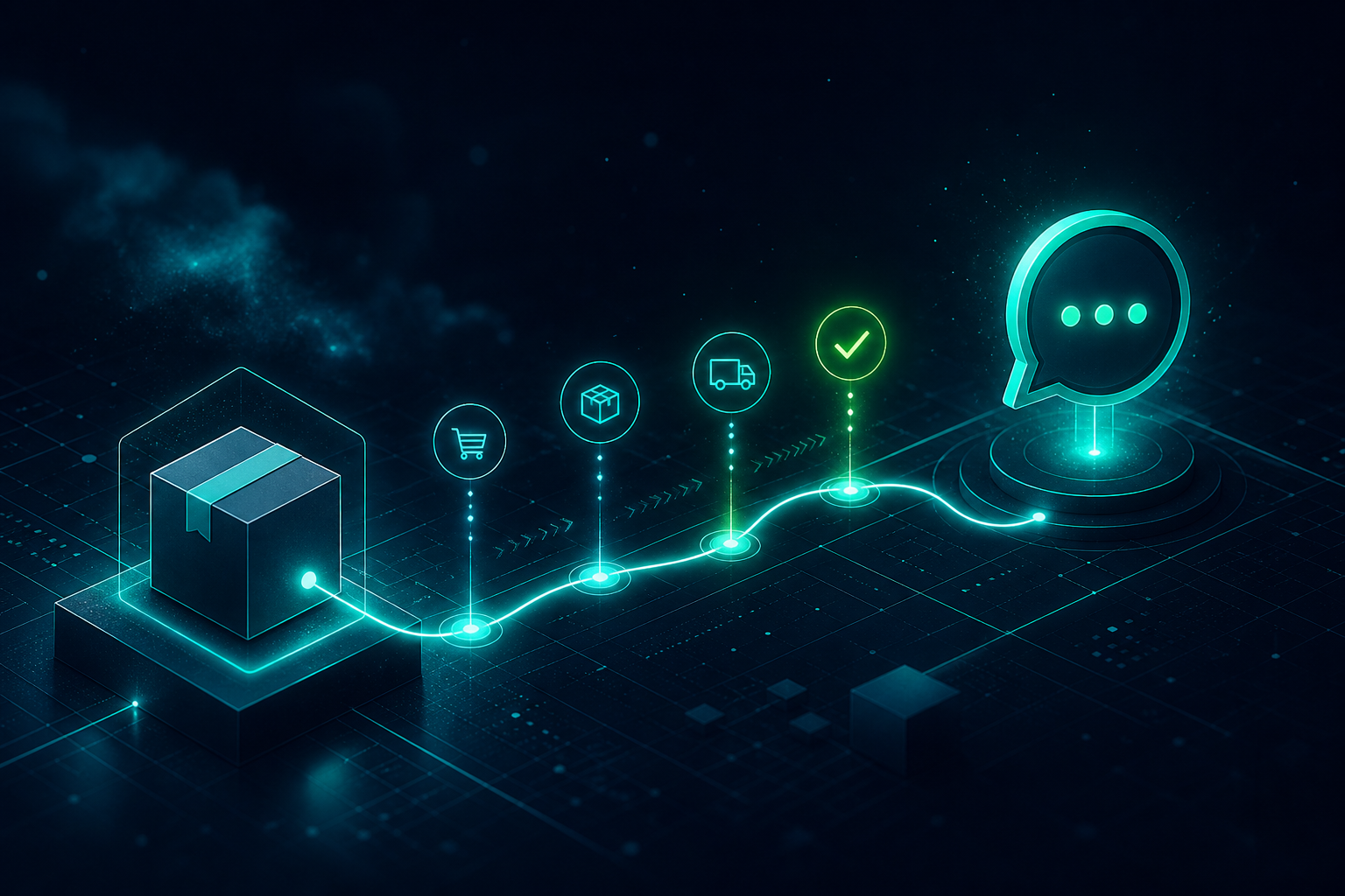 Parcel and chat nodes on a dark teal workflow graphic — Shopify WhatsApp order tracking